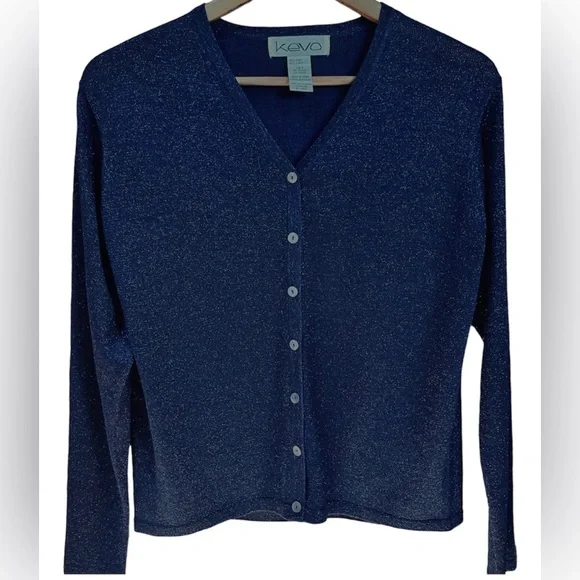 Kevo 80%Silk 20%Lurex Blue Sparkle Cardigan Sweater Size Small - Picture 1 of 2